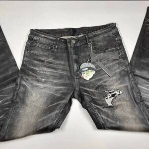 NEW TULONES men’s euro distressed denim skinny jeans in coated black